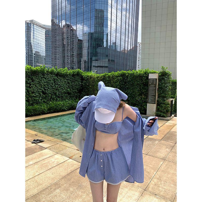 

Kumikumi Сексуальный стиль Свободная рубашка с длинными рукавами Нижнее белье Комбинация на бретельках-спагетти Женский осенний комплект из трех предметов для похудения и свободного кроя Blue Square One size