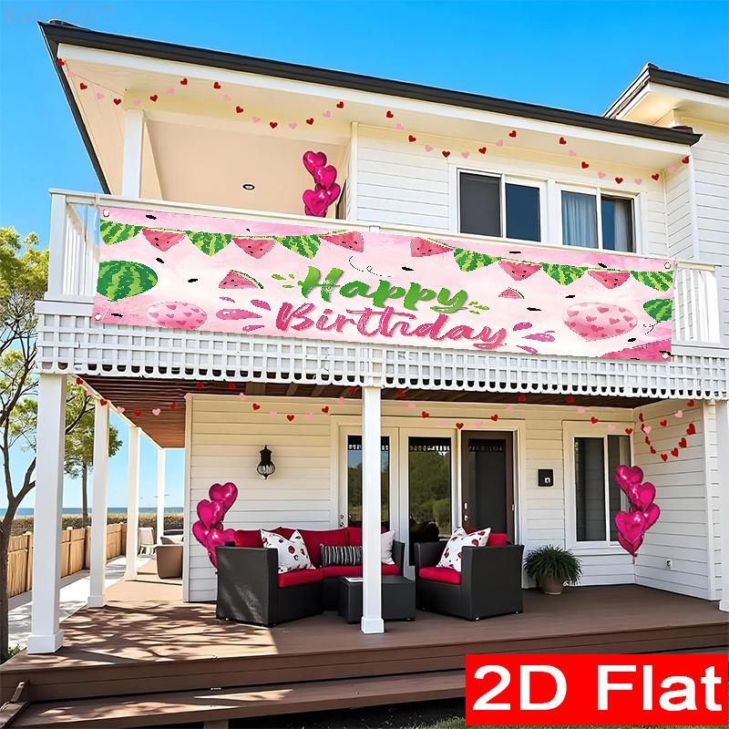 Happy Birthday Watermelon Banner, Summer Watermelon Theme Design, Polyester Outdoor Wall Fence Yard Garage Balcony Decoration