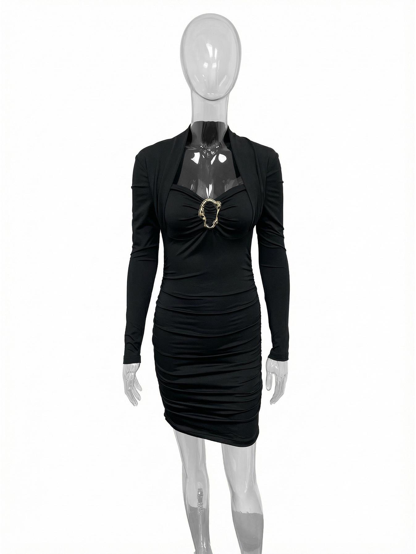 

2026 Spring/Summer V-Neck Slim-Fit Dress with Metal Buckle Large (L) чорний