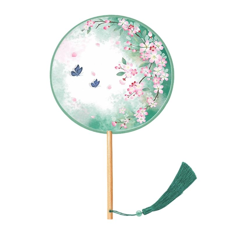 Chinese Fan with Pendant Handhelds Inks Painting Fan Tassels Round Silk Fan