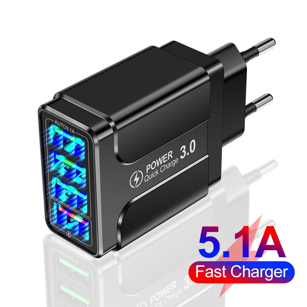 

45W 5.1A QC3.0 4-Port USB Luminous Fast Travel Charger with US/EU/UK Plug 4USB Fast Charge EU Plug білий