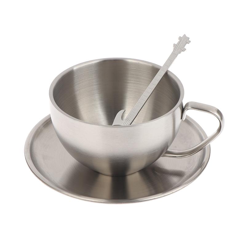 Stainless Steel Coffee Cup Mug Saucer Spoon Heat Resistant Milk Cup Saucer Spoon Kitchen Drink Water Cup Tableware