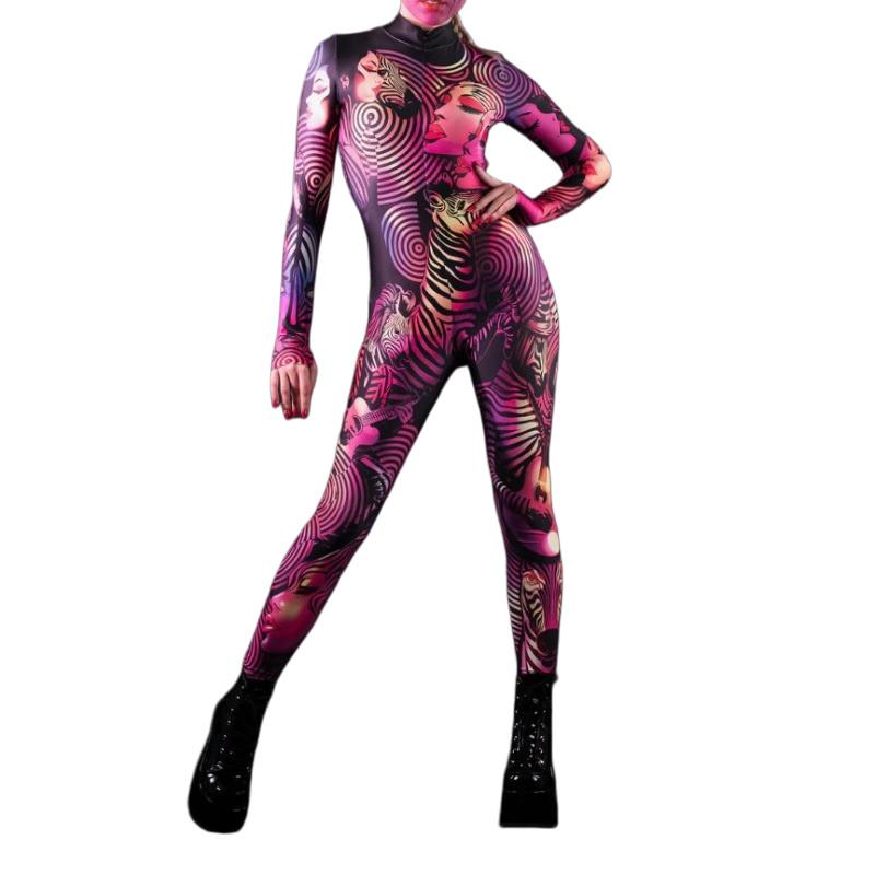 Zebra Lines Women Face 3D Digital Printing Jumpsuit Adults Stage Dance Performance Outfit Halloween Party Dress Up Costume