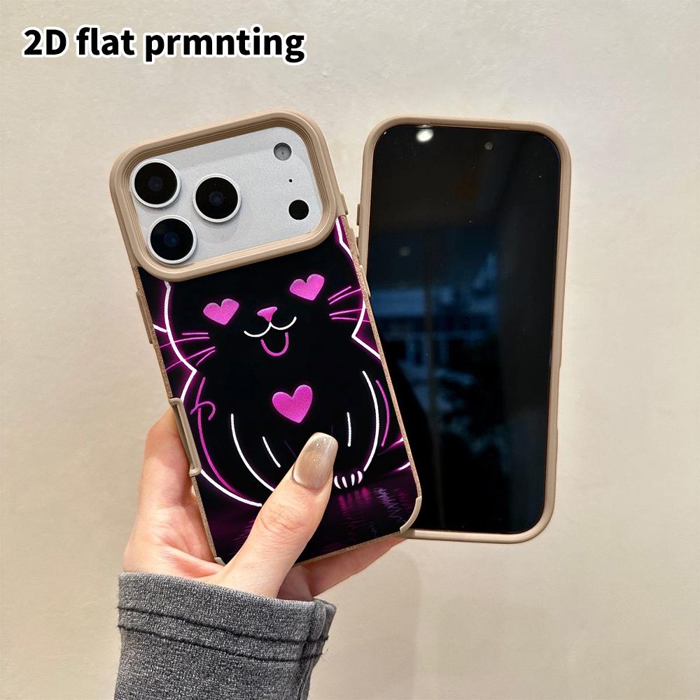 Phone Case: 2D Flat Lambskin Suitable for iPhone 18, 17, 16, 15, 14, 13 Pro Film Protective Case, Line Art Black Cat, Christmas and Halloween Gift