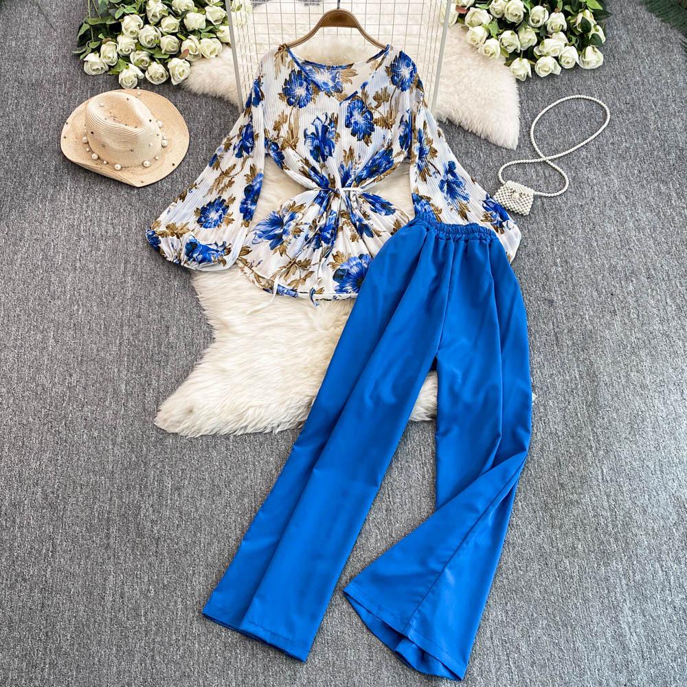 Mature Style Two-Piece Women's Suit: Loose Floral Pleated Shirt & High Waist Wide Leg Trousers