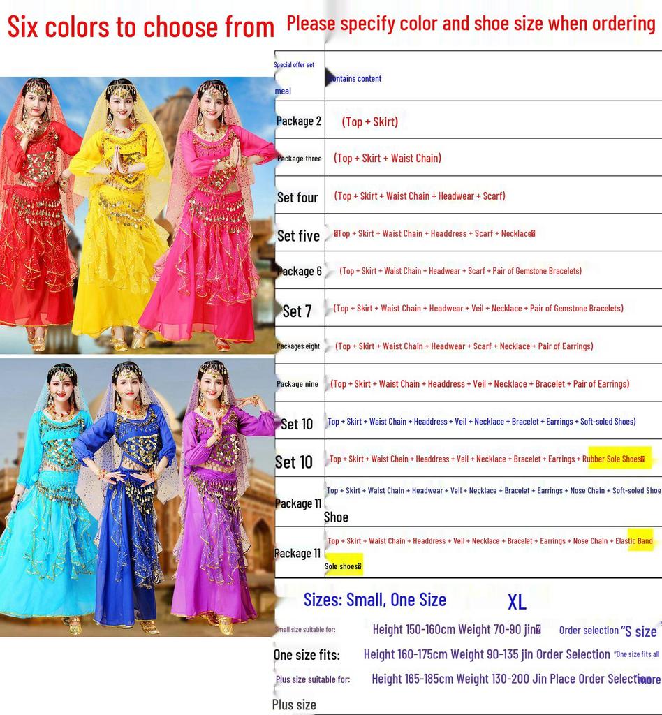 Women's Long Sleeve Indian Belly Dance Performance Costume with Short Sleeve Long Skirt