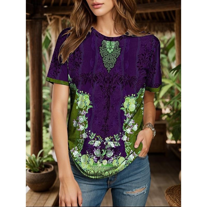 Retro Floral Print Damen T-Shirt Sommer Locker Lässig Kurzarm Tees Oberteile Kleidung Mehrere Stile und Größen zur Auswahl