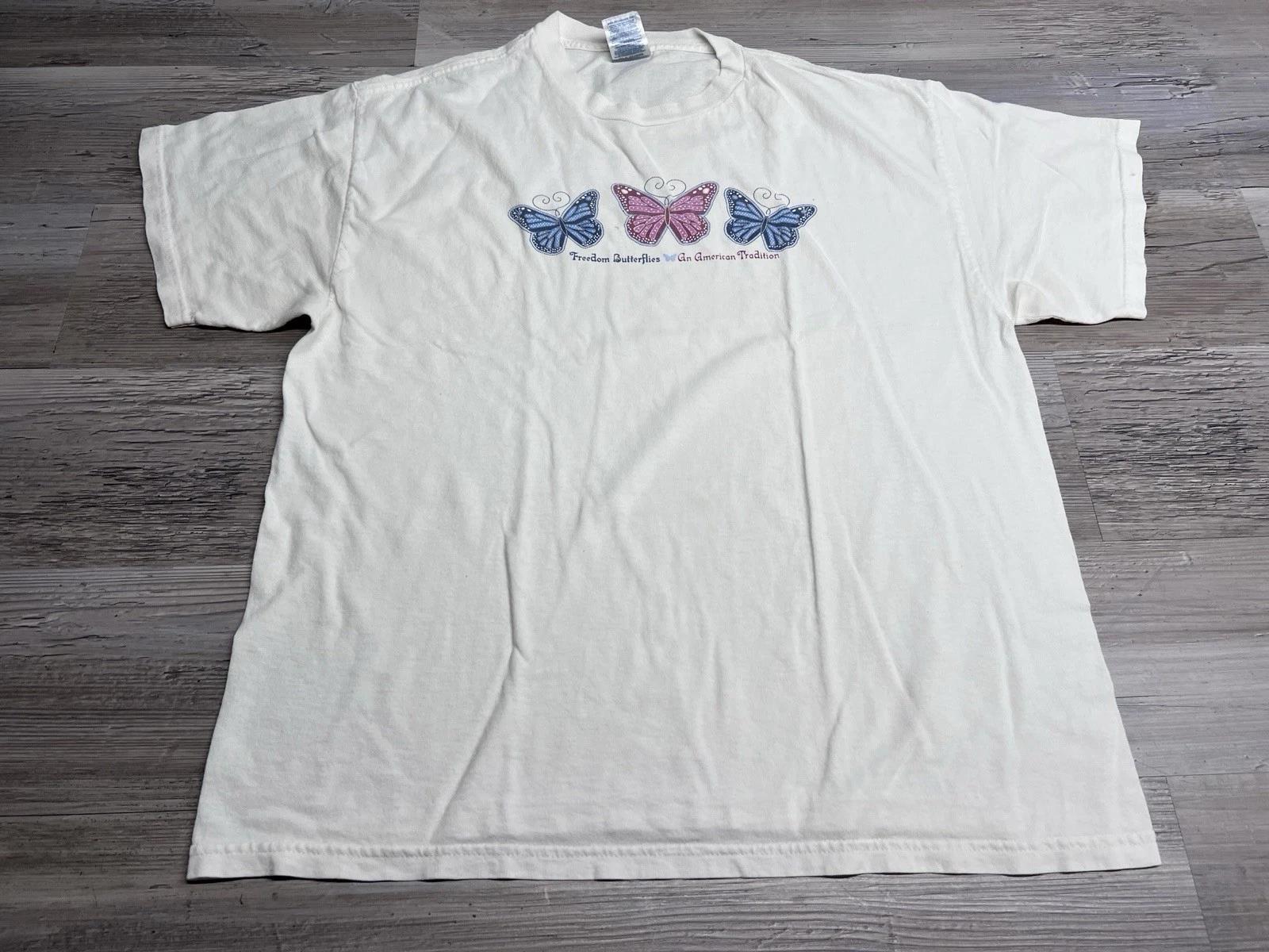 

Vintage Freedom Butterflies T-Shirt Patriotic Cottagecore Size L Y2K Graphic Tee XL