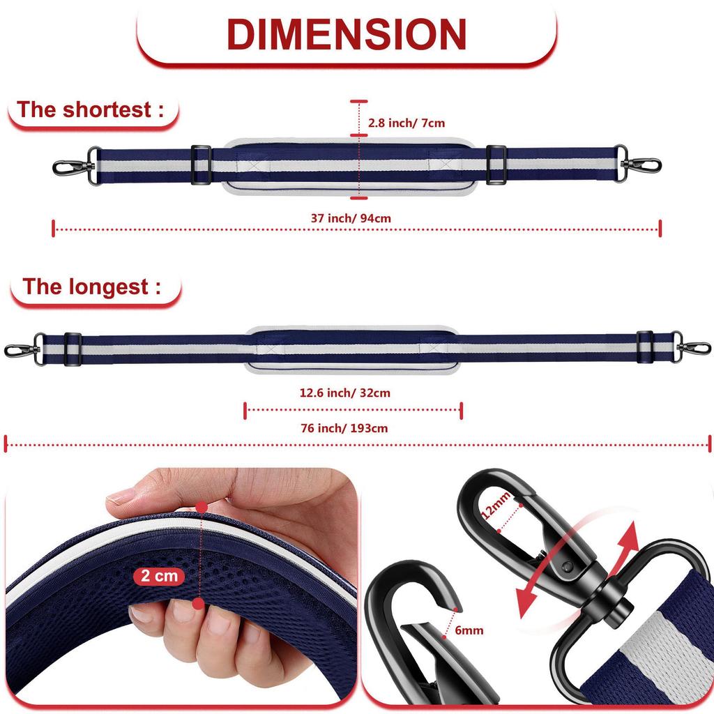 [ZINZ] Ultra-Thick Fixed Padded Shoulder Strap, 193cm, Universal Bag Strap with Cushion and Dual Balance Adjustable Buckle, Suitable for Laptop Bags,