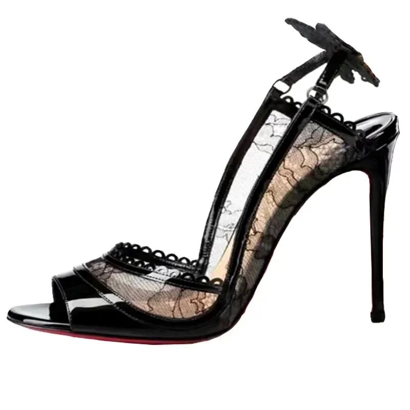 Sexy Krajka Mašlička Tenké Vysoké Podpatky Dámské Boty s Otevřenou Špičkou Elegantní Designové Striptýzové Banketové Společenské Boty Módní Značkové Sandály Dámské