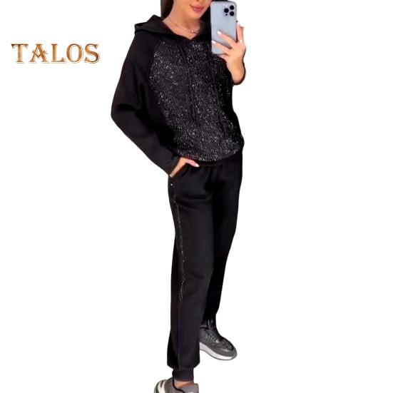 

2 шт./комплект женский костюм с капюшоном и брюками, декорированный стразами, с длинными рукавами, пэчворк, спортивная толстовка с эластичной талией, брюки, фитнес-костюм, осенне-весенний спортивный костюм XXXL чёрный