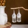 Ethnic Miao Silver Style Long Tassel Earrings with Ancient Scenic Stud Design for Women
