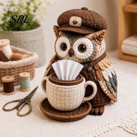 Patchwork Craft Kit DIY Tissue Box Cover Kit, Owl Shape, Soft Textures Woodland Animal Decor Sewing Handmade for Handicraft Enthusiast Beginners