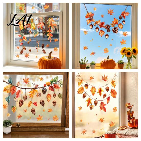Autumn Window Clings Maple Leaf Pinecone Scarecrow Pumpkin Static Clings Waterproof PVC Seasonal Party Supplies Glass Stickers Removable Decals for