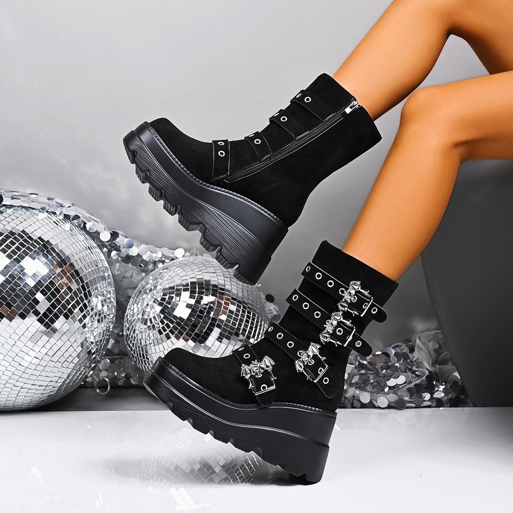 Independent Station Platform Women's Boots New Wedge Heel Demonia Bat Belt Buckle Short Martin Boots Women