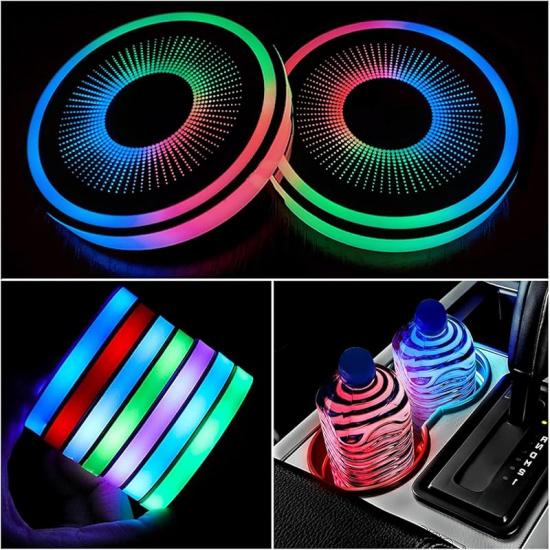 LED Car Cup Holder Lights,2 PCS 7 Colors Luminescent Light Cup Pad,USB Charging Car Coasters,Luminescent Cup Pad Interior Atmosphere Lamp Decoration Round Dot