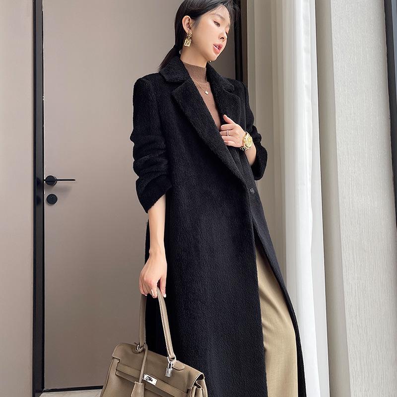 

Женское универсальное белое пальто средней длины из шерсти альпаки сури и кашемира на зиму 2024 M чёрный