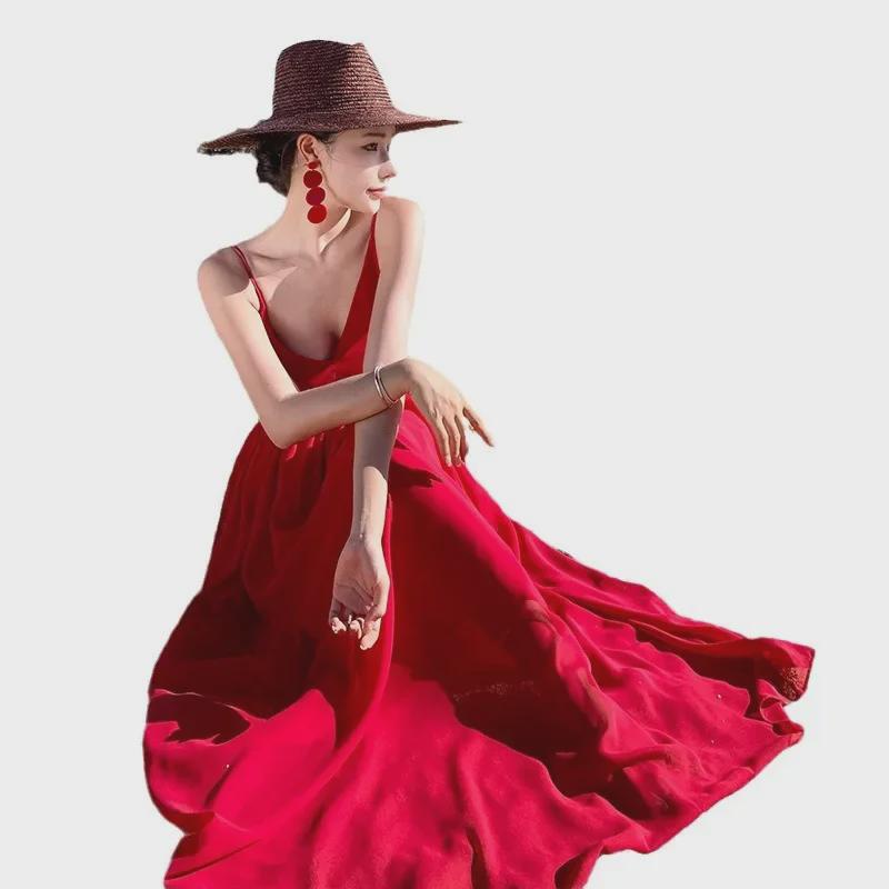 Elegant Red Fairy Beach Dress: Long, Backless, Sanya Travel Skirt