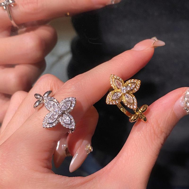 Gold Rhinestone Zirconia Flower Open Ring - Women's Luxury Adjustable Finger Ring