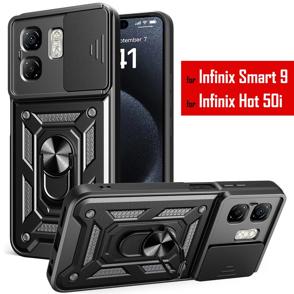 Slide Lens Camera Protect Armor Funda for Infinix Smart 9 Case Magnetic Rotate Ring Stand Holder Cover for Infinix Hot 50i Case