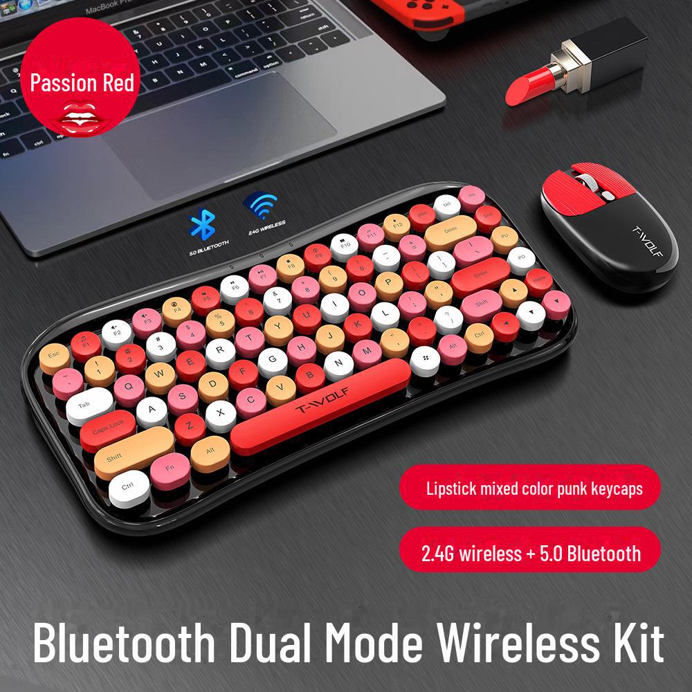 

Беспроводной набор клавиатуры и мыши T-WOLF TF660 - Двухрежимный Bluetooth, Красный цвет помады, Панк-стиль для девочек