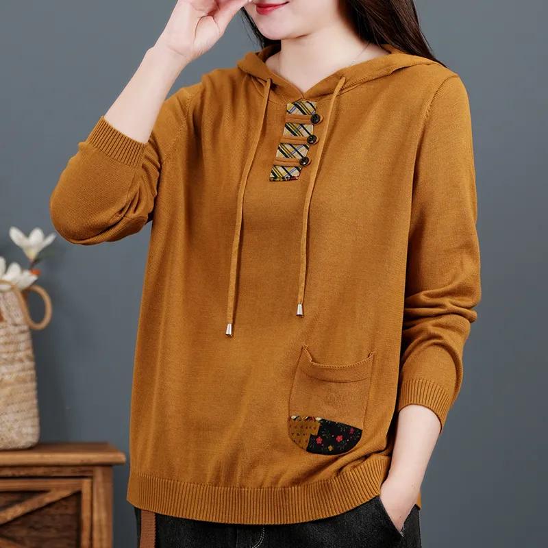Retro Cotton Long-sleeved Sweater Women's Spring and Autumn Hooded Sweater Loose Sweater