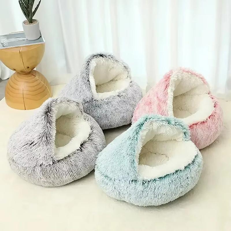 2 in 1 Soft Long Plush Pet Bed with Cover Semi-enclosed Round Warm Comfortable Dog Cat Sleep Nest Kitten Supplies