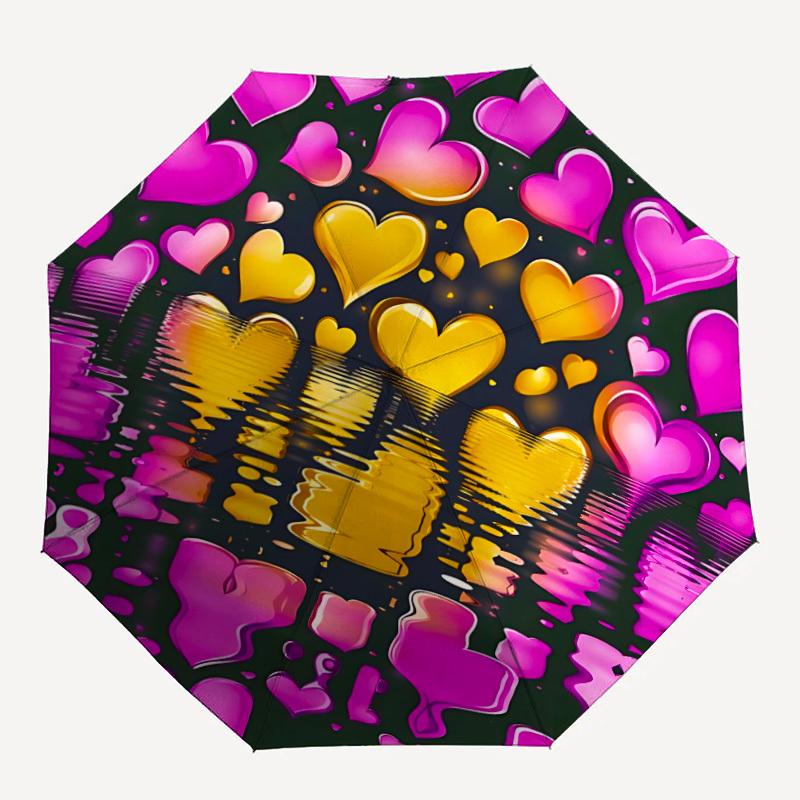 

1pc Heart Reflections Auto-Fold Umbrella with One-Touch Open/Close - 8 Reinforced Ribs for Windproof Stability, yy251118191