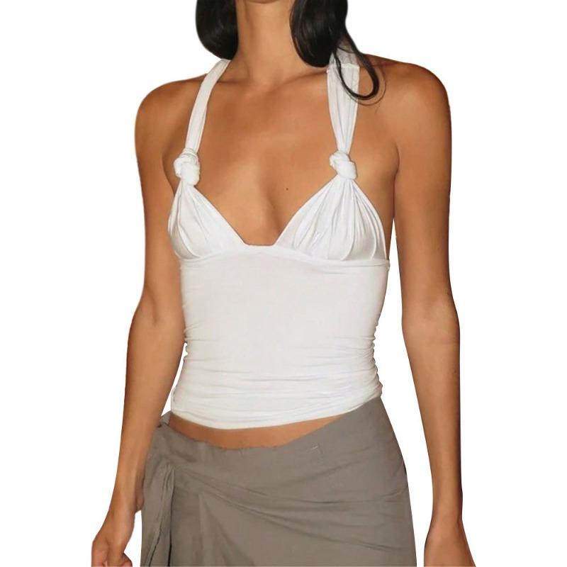 Women Sexy Twisted Knot Halter Backless Cropped Cami T Shirt Top