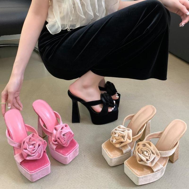 Fashion Chunky Platform Woman Slippers Velvet Rose Open Toe Wedding Banquet Sandals 13CM High Heels Slide Shoes Sandalias De Mujer