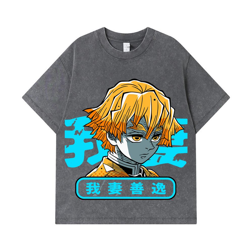 275 GSM Washed T-shirts 100% Cotton Demon Slayer V100 Zenitsu Print Unisex Heavy Cotton T Shirt