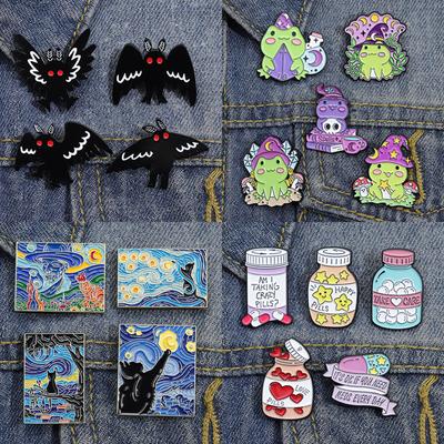 Hexen-Geister-Set, Emaille-Brosche, Punk-Froschschädel, Topfkatze, schwarzer Vogel, Tierblume, Medizinflasche, Abzeichen, Liebe, Jesus, Schmuck