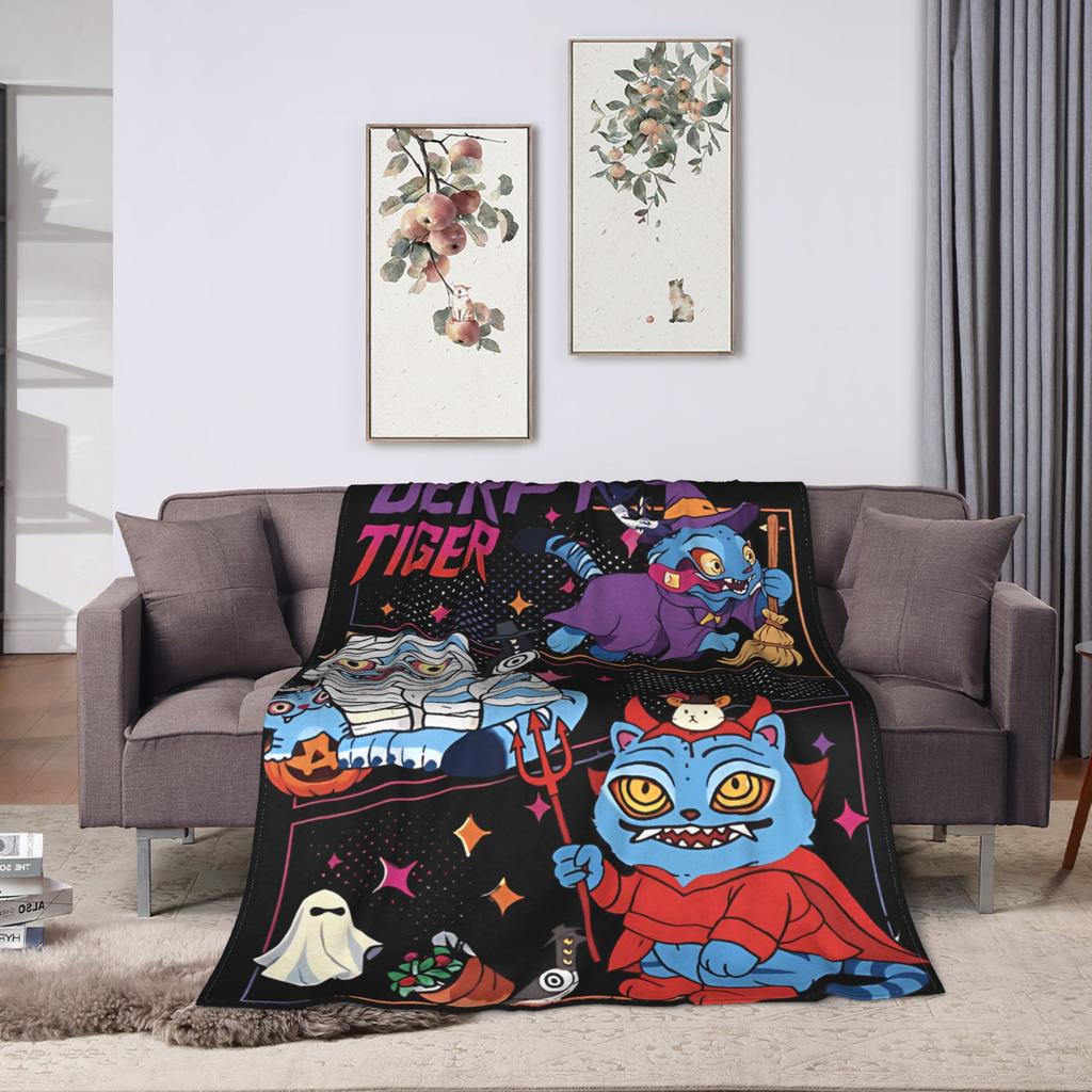 Soft Blanket Picnic Halloween Derpy Tiger Throw Blanket Flannel Bedspread For Living Room Novelty Sofa Bed Cover