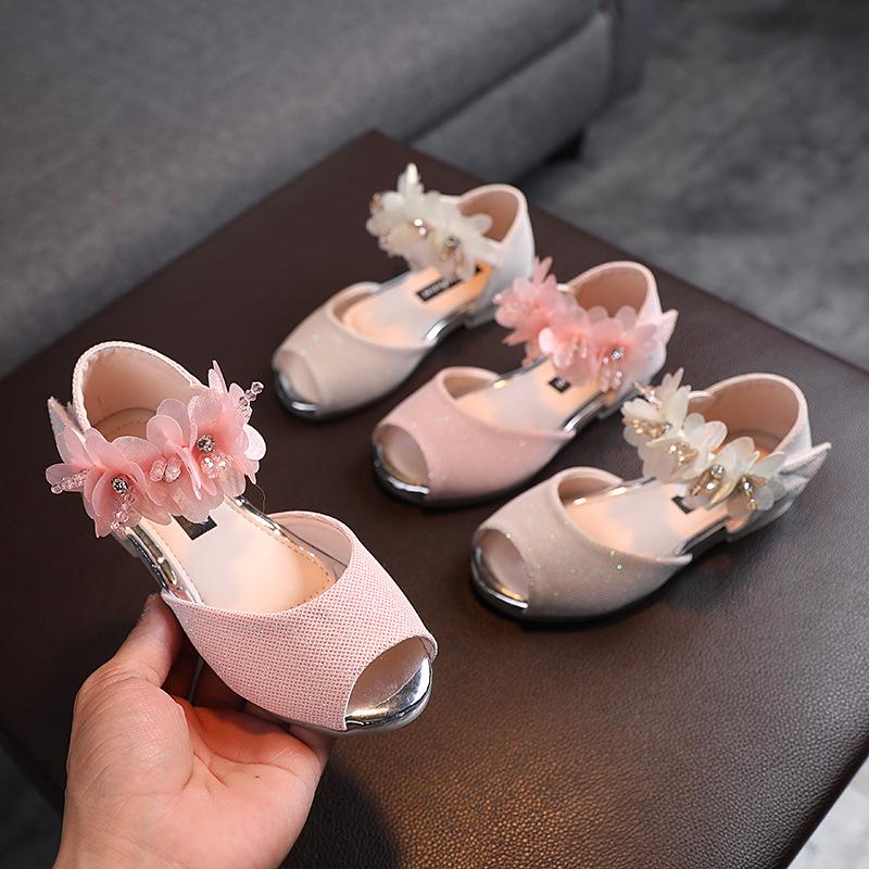 Girls' Summer Rhinestone Flower Sandals - Soft Sole Princess Dance Shoes