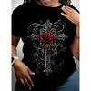 European Size Ladies Digital Print Short Sleeve T-Shirt | Artistic Style "Dark Rose Cross" Theme, Retro Gothic, Casual Crew Neck, Red Rose Cross Image