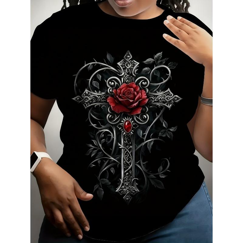 

Женская цифровая печать, короткий рукав, европейский размер | Художественный стиль, тема «Крест Темной Розы», Ретро Готика, Повседневный, Круглый вырез, Изображение Креста с Красной Розой S чёрный