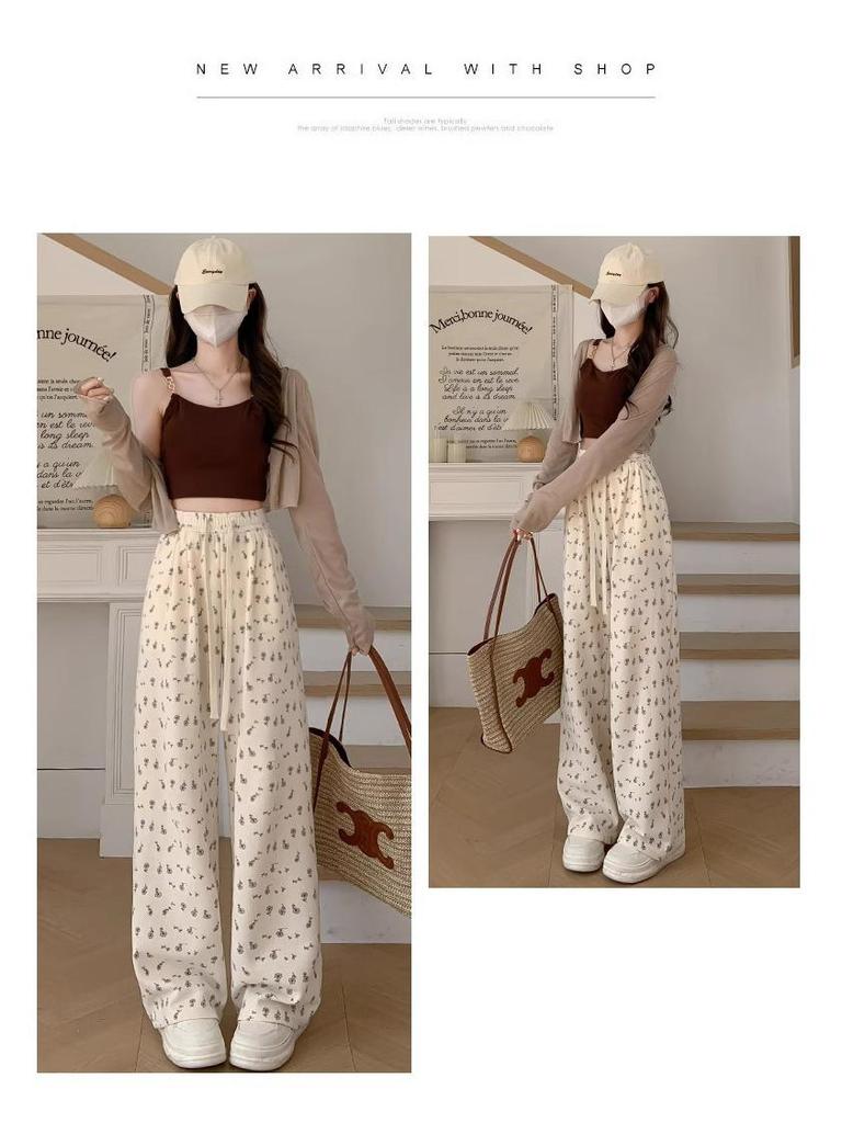 Petite 150 Women's Floral Wide-Leg White-Gray Sweatpants: Casual Spring/Summer American Style 145cm