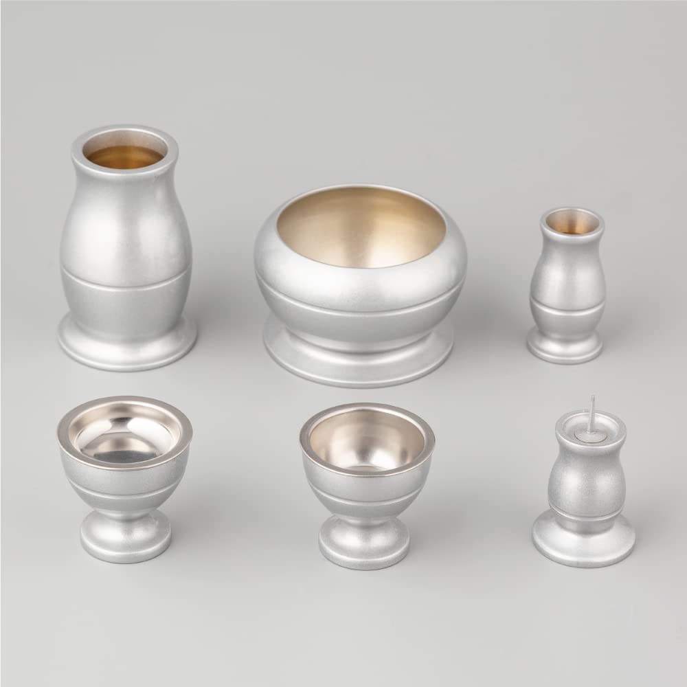 Mini Fact Buddhist Altar Set Set Silver Brass Modern Buddhist Altar Set Incense Flower Candle Rice Tea Incense Stick Holder - 6-piece (3.0 Inch) -