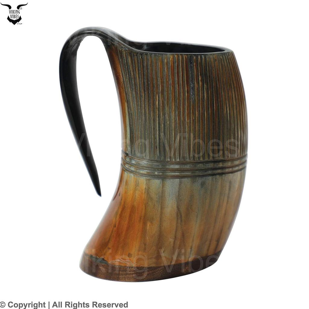 Vibes Horn Mug Tankard Special Edition - Hand Engraved Viking Original Horn Mug Cup for Mead, Ale and Beer - Original Medieval Mug (Pattern 1, 600 ML)