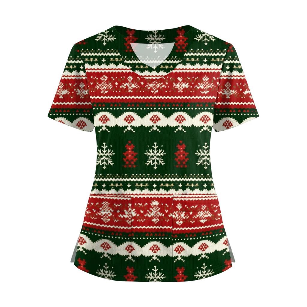 Women's Short Sleeved Christmas Printed V-neck Buttonable Side Slit Top T-shirt