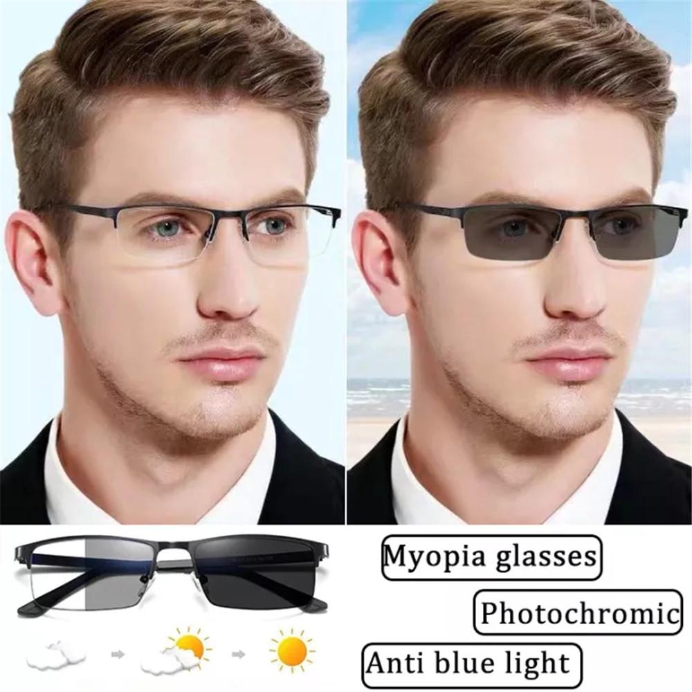 Men's Photochromic Myopia Glasses Half Frame Titanium Alloy Anti Blue Light Computer Business Eyewear