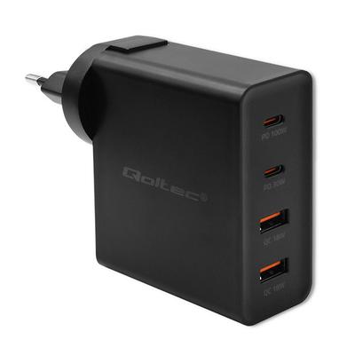 Qoltec GaN POWER PRO Ladegerät | 2xUSB-C | 2xUSB | 130W | 5-20V | 1.5-5A | PD | Laptop | Smartphone | Schwarz