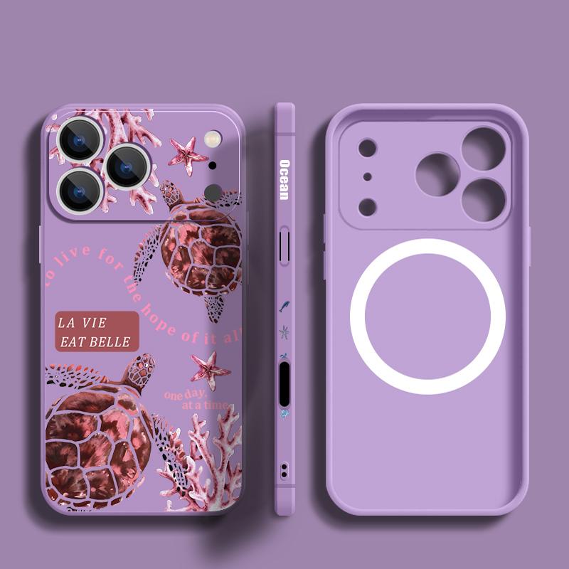 Magnetic For Magsafe Case For iPhone 17 Pro Max Lettering Turtle Print Soft Silicone Phone Back Cover For iPhone 16 15 14 13 Pro Max 16e 17e