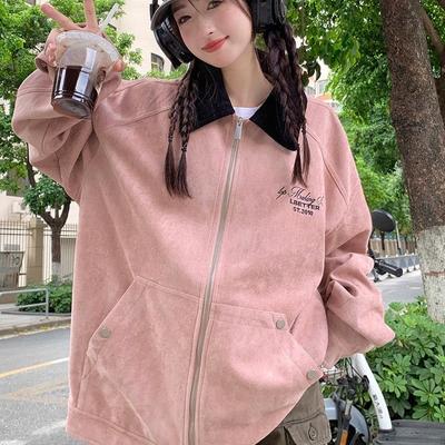 Spring Autumn Loose Fit Workwear Jacket Women's Pink Baseball Coat
