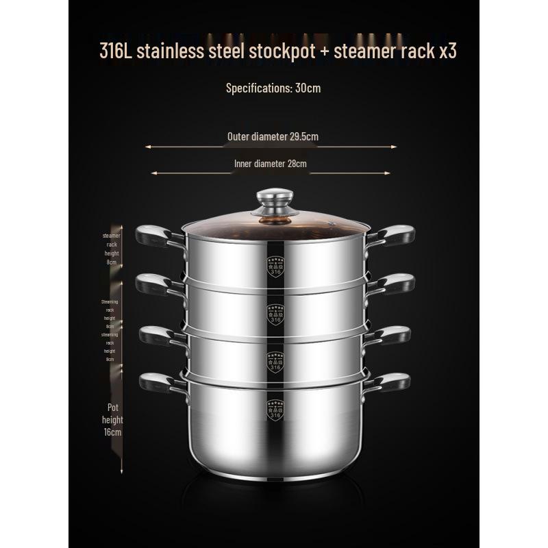 2025 Three-Layer 316 Stainless Steel Steamer & Soup Pot for Induction & Gas Stoves