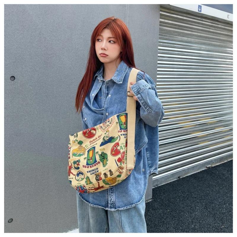 Retro velkokapacitní plátěná dámská taška Potisk Graffiti Literary Messenger Tašky Taška přes rameno Hot All-match Crossbody Taška