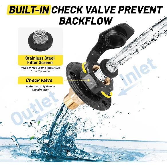 Oyviny RV City Water Inlet With Check Valve, Lead-Free Brass RV Fresh Water Inlet 3/4 NH Female To 1/2 NPT Male Connection, Water Fill Inlet Flange