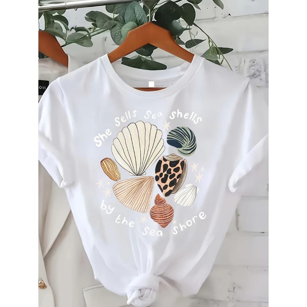 Women Casual White T-Shirt She Sells Sea Shells By The Sea Shore Print Soft Cotton Short Sleeve Daily Wear Tee