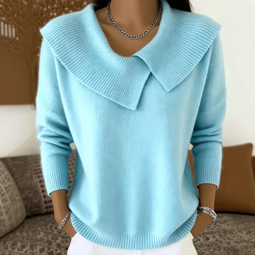 Women's Asymmetrical Drop Shoulder Knit Sweater - Large Lapel, Solid Color, Spring & Autumn
