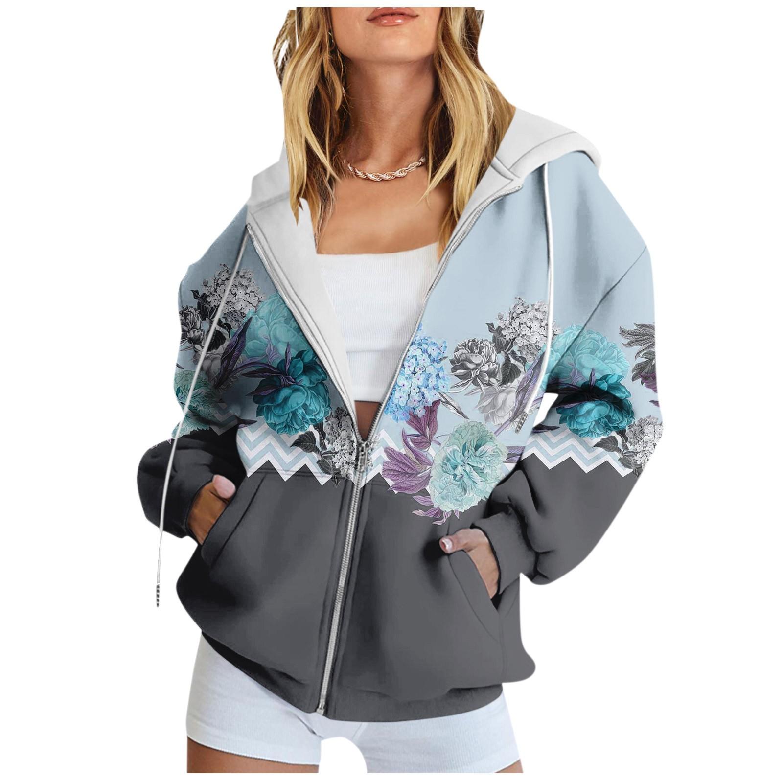 

Женская толстовка с длинным рукавом и цветочным принтом, куртка с карманом и длинными рукавами, пальто с капюшоном на молнии M